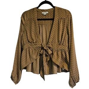 American Eagle Womans Size M Blouse Brown White Polka Dot Peplum Hem Front Tie